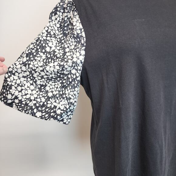 Talbots Floral Puff Sleeve Top Size XL Black Stretch Keyhole Ribbed Round Neck - Picture 5 of 11